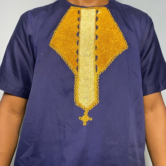 Men’s African Clothing Print Blue/Gold African Top Mens Sizes S-XL - Picture 3 of 4